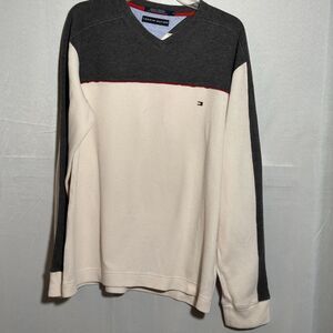 Tommy Hilfiger Men’s L Colorblock V Neck Sweater Cotton Gray Cream Pullover